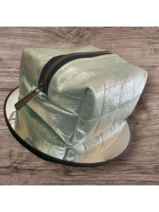 Hand Crafted Handbags - Cosmetic Pouch- Quilted Sea Green Vinyl and Colorful Cotton Interior Handcrafted